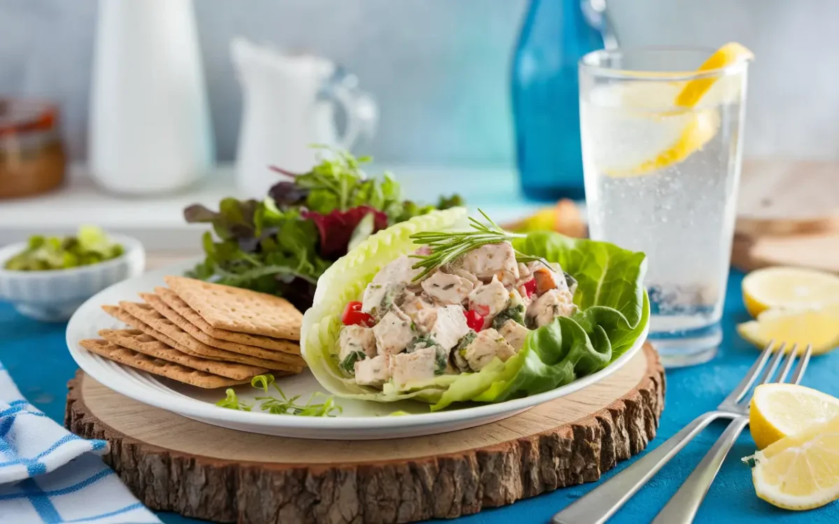 Costco chicken salad served with crackers and fresh greens