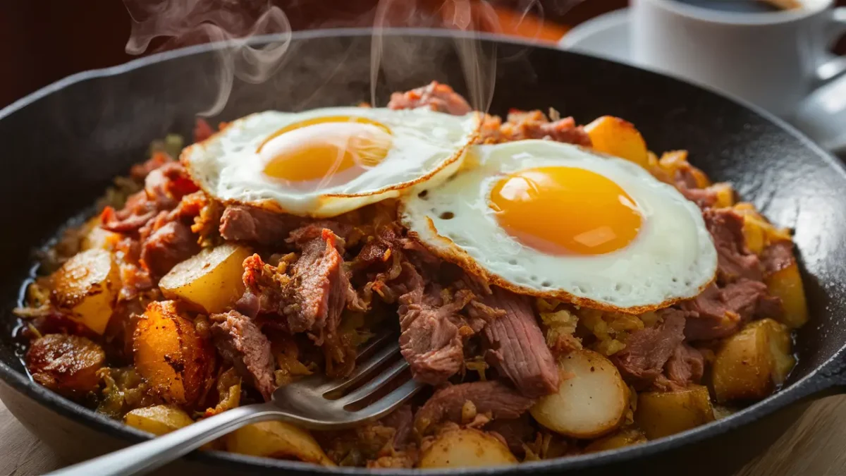 Corned beef hash with crispy potatoes and fried eggs.