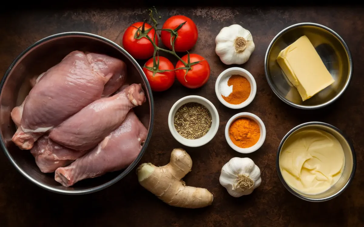 Ingredients for making butter chicken, including spices, chicken, and tomatoes