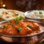 Butter chicken served in a copper bowl with naan and rice