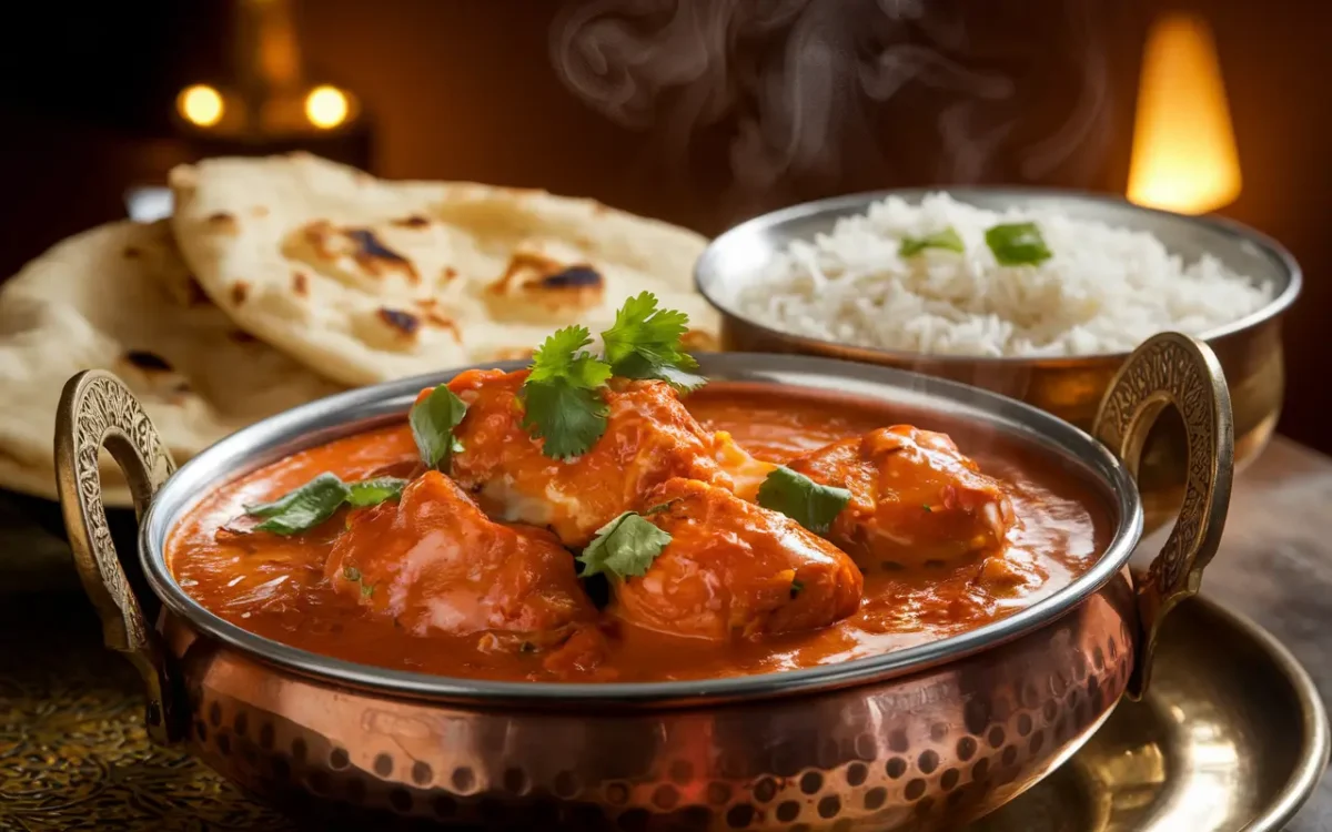 Butter chicken served in a copper bowl with naan and rice