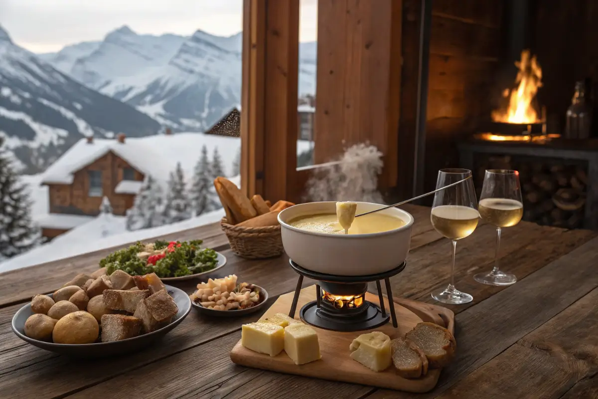 Traditional fondue savoyarde served in a cozy French chalet.