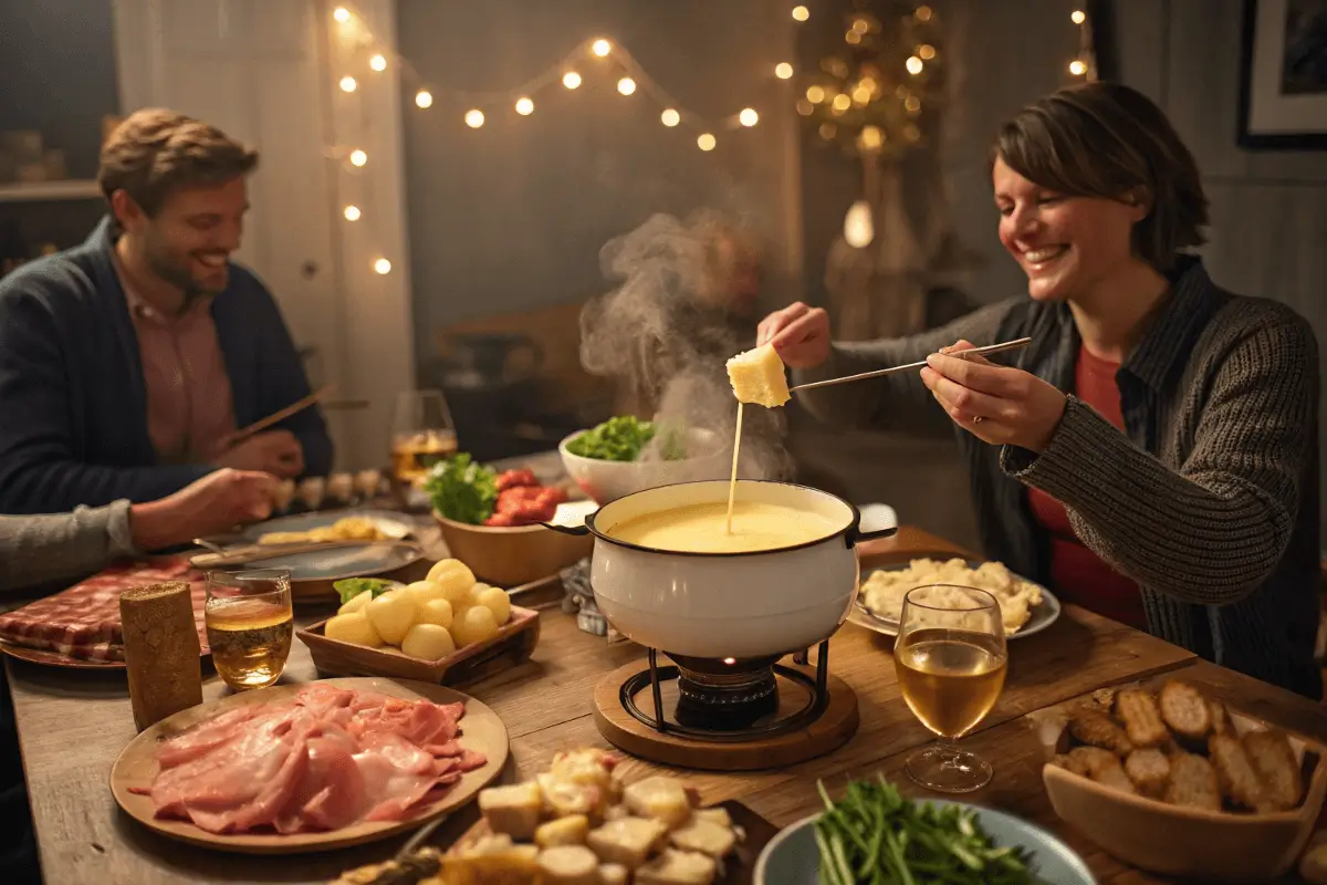 Friends sharing a pot of fondue savoyarde with bread and wine