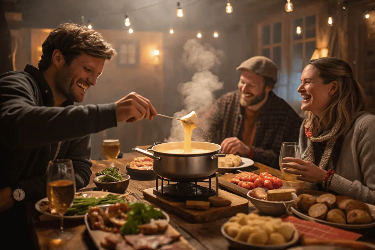 A beautifully set table with a steaming pot of fondue savoyarde and carefully selected accompaniment