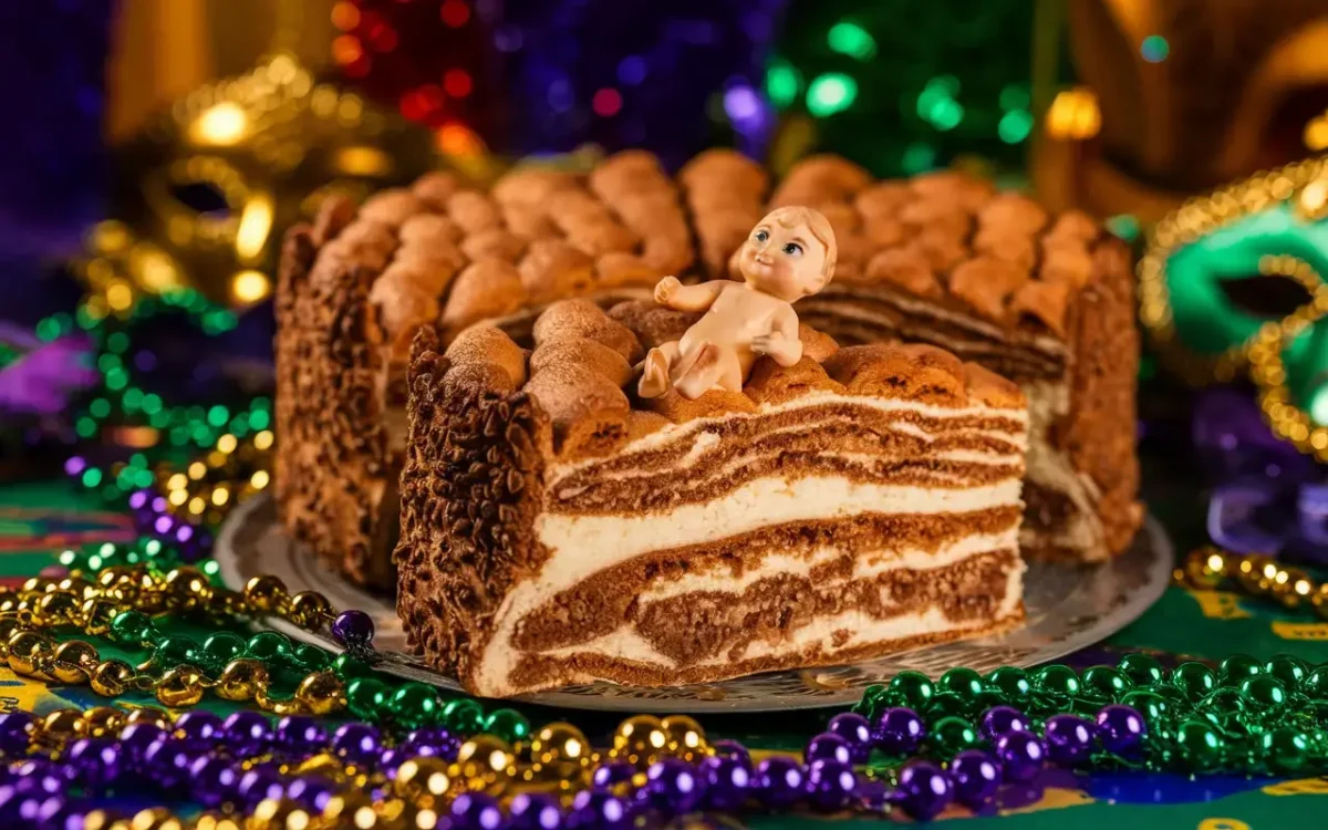 A slice of King Cake revealing the hidden baby inside