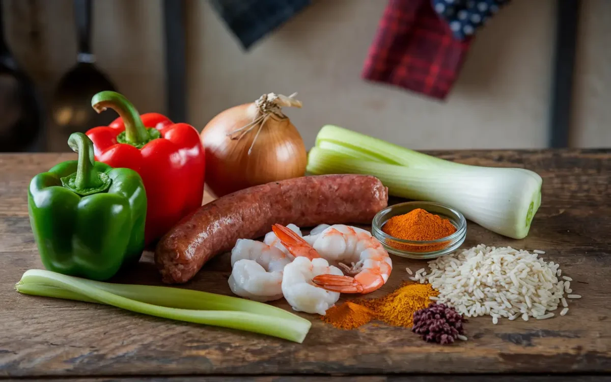 Fresh ingredients for jambalaya – bell peppers, onions, sausage, shrimp, and rice