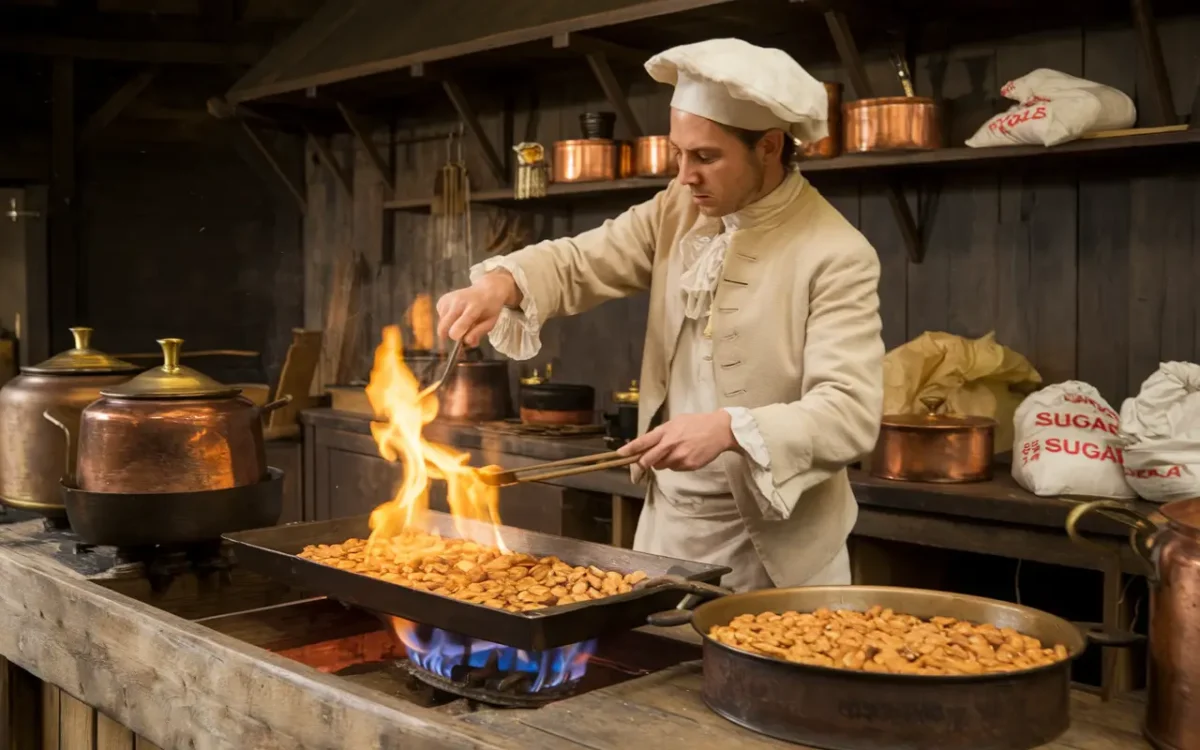 A 17th-century French chef caramelizing almonds in a rustic kitchen