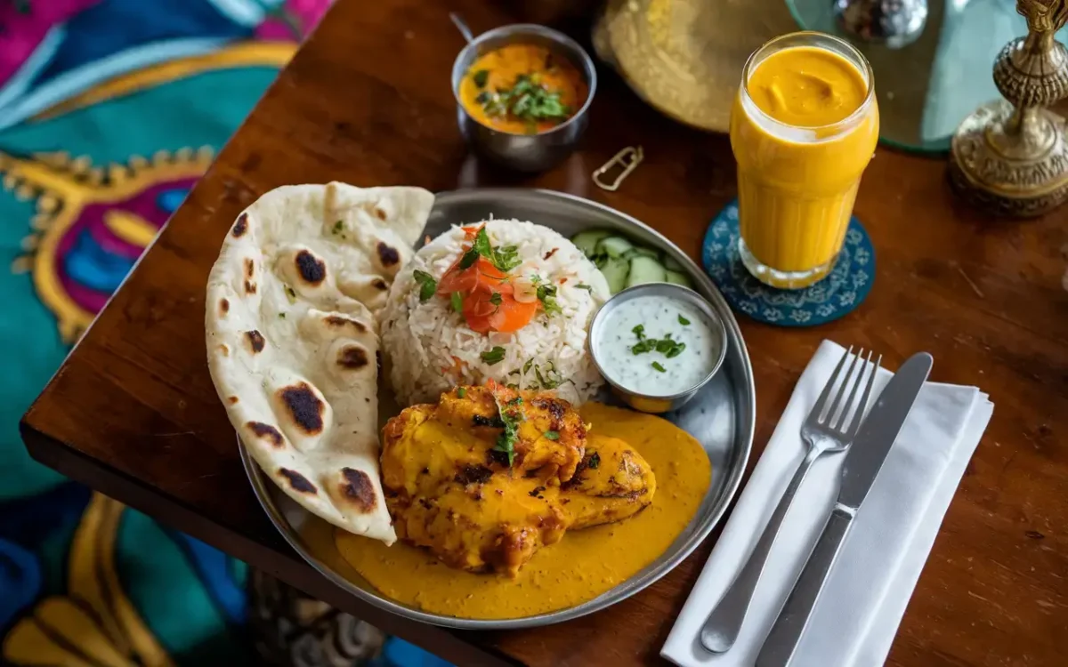 Butter chicken served with naan, basmati rice, and raita