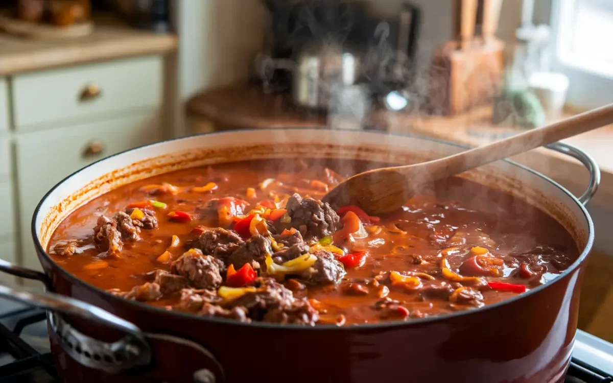 German Goulash slowly simmering in a pot with onions and peppers