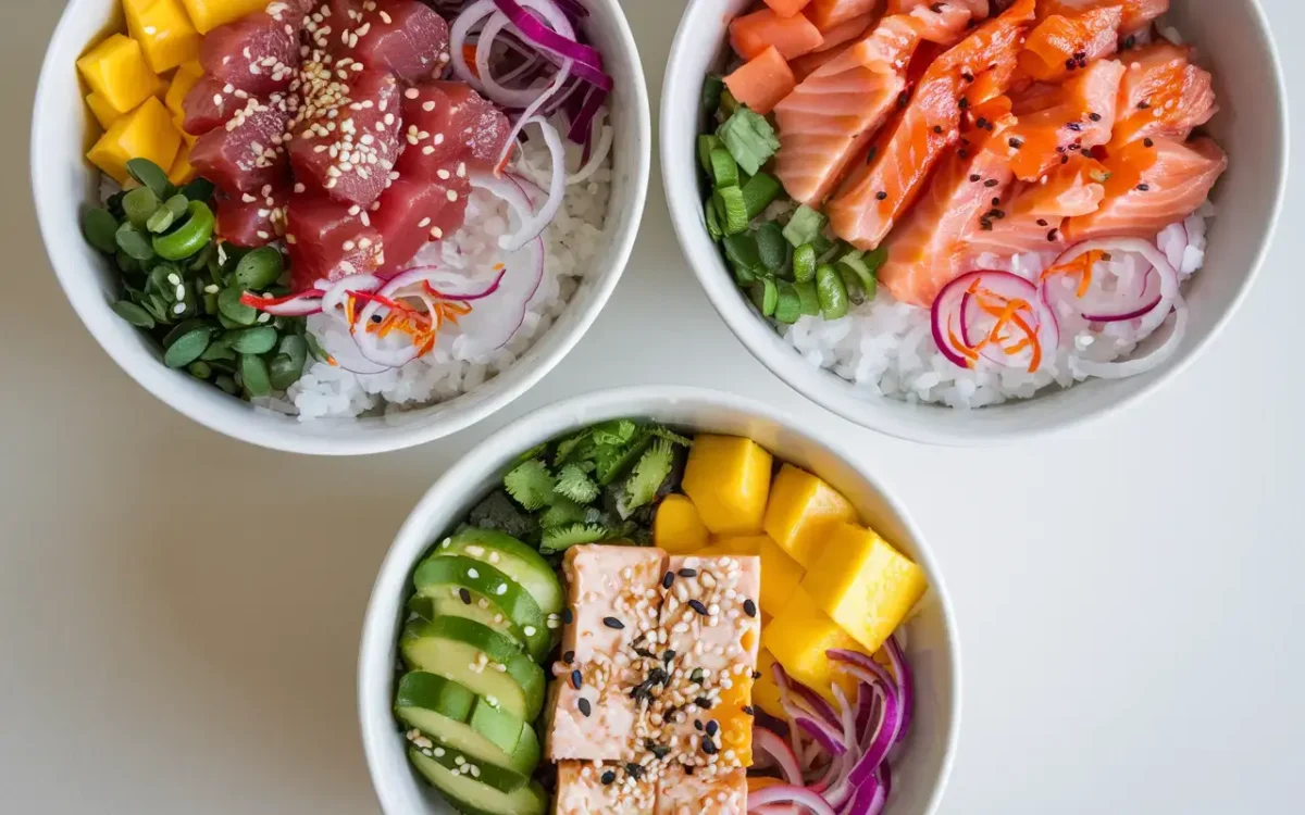 Different types of poke bowls including tuna, salmon, and vegetarian