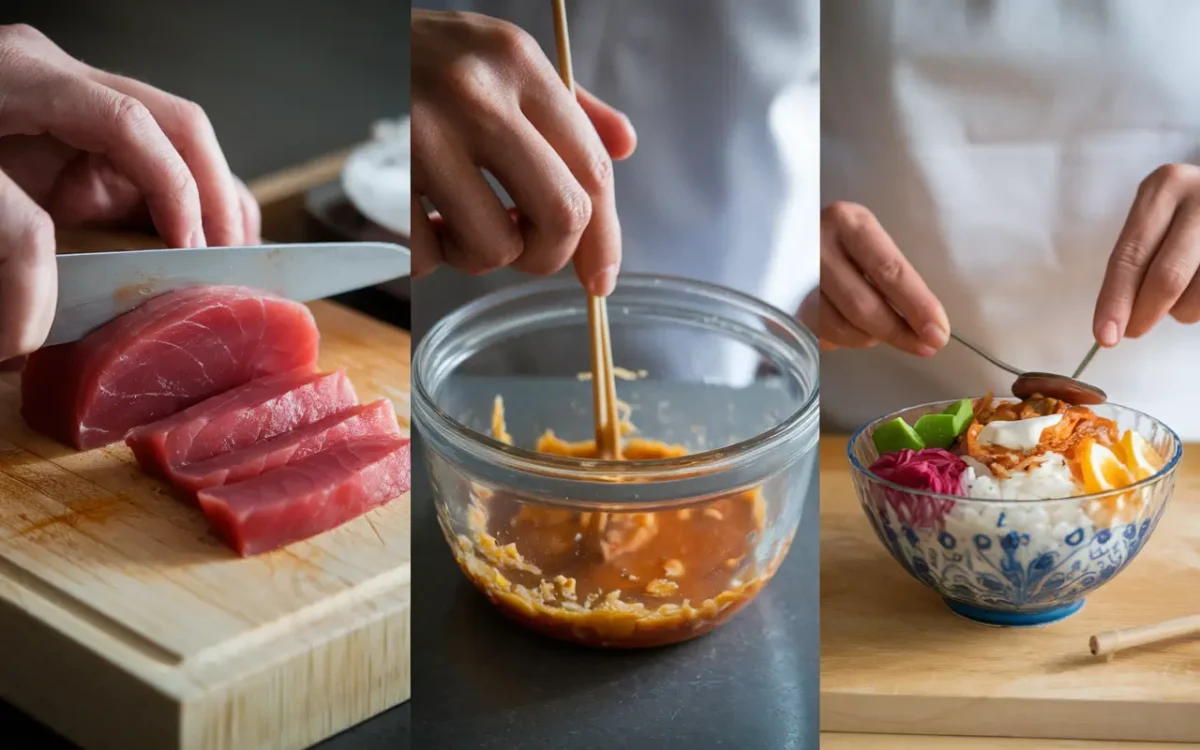 Step-by-step process of making a poke bowl