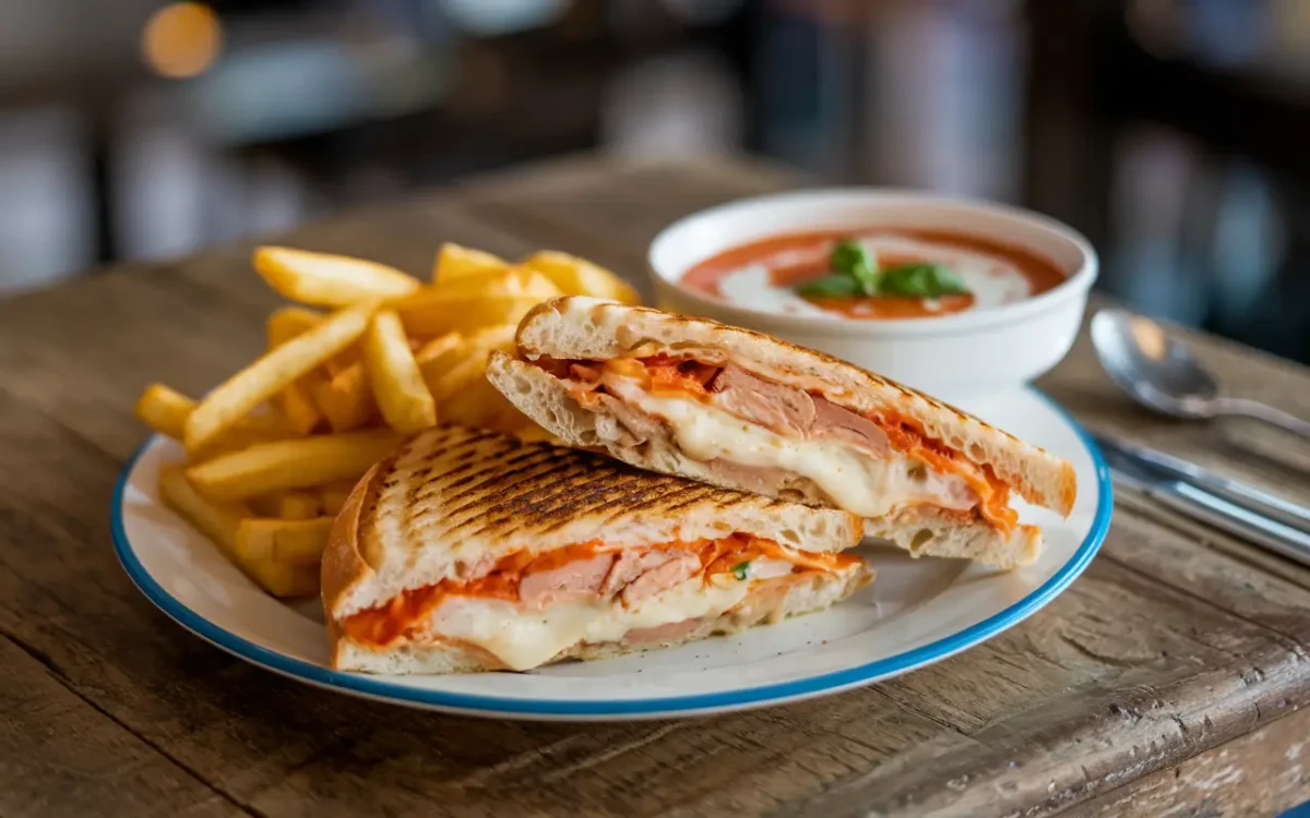 Chicken panini served with fries and tomato soup