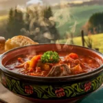 Authentic German Goulash served in a traditional ceramic bowl