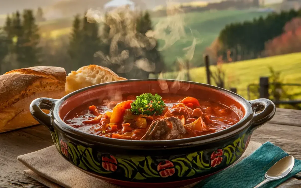 Authentic German Goulash served in a traditional ceramic bowl