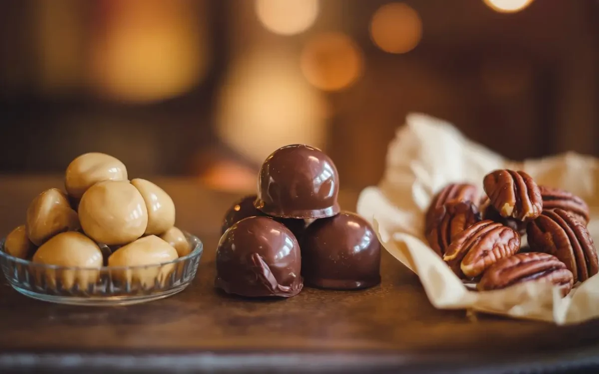 A comparison of French pralines, Belgian pralines, and pecan pralines on a wooden surface