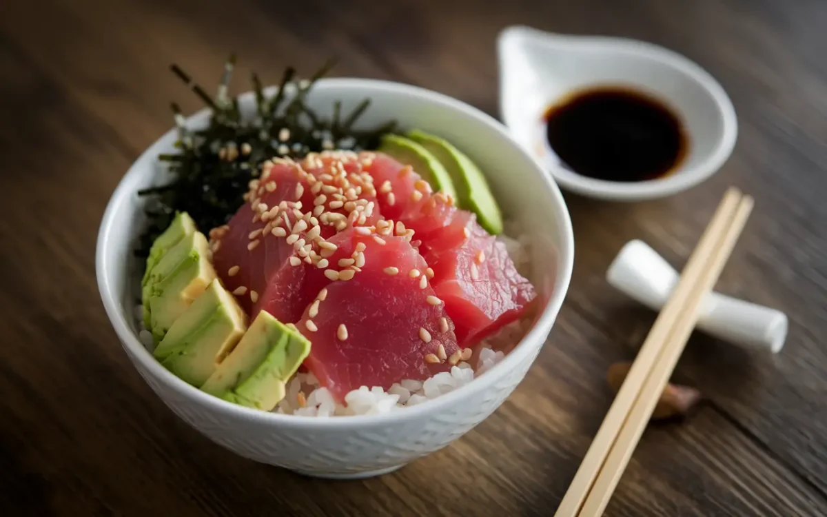 Fresh poke bowl with ahi tuna, avocado, and seaweed.