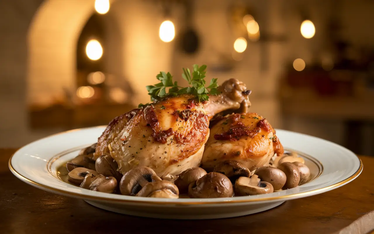 Plated Chicken Marsala with mushrooms and wine sauce