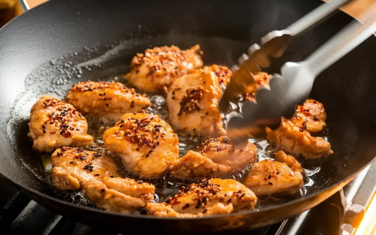 Chicken pieces frying in a wok with bubbling oil